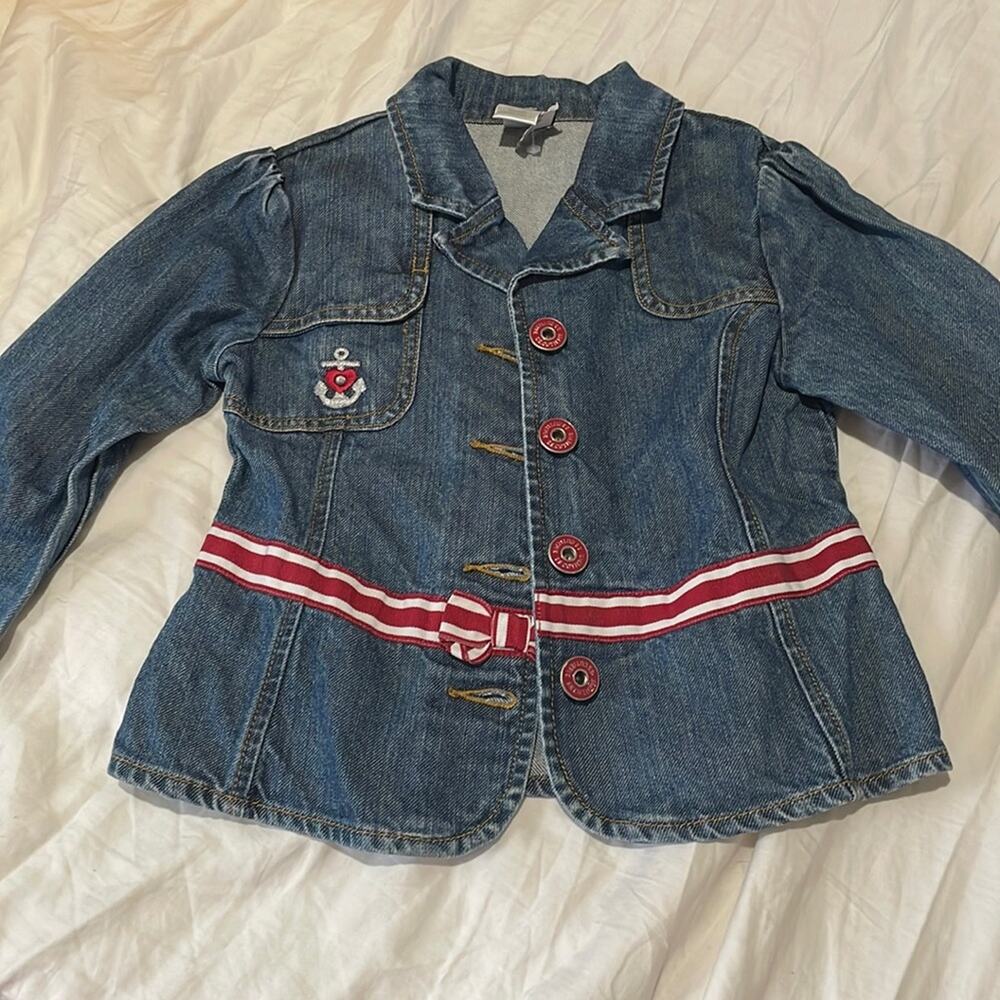 Gymboree 6 denim nautical inspired jean jacket puff sleeves euc red accents